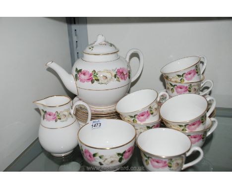 A Royal Worcester 'Royal Garden Elgar' pattern six place setting Teaset including teapot, milk jug, sugar bowl, bread and but