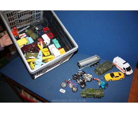 A quantity of Dinky model vehicles including Leopard tank, Artillery tractor, Army hovercraft, Coles Hydra truck, motorbike, 