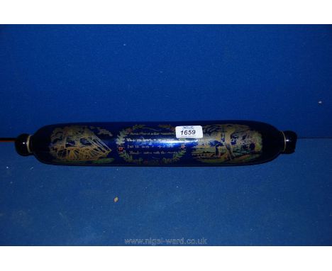 A Victorian Bristol blue glass fancy Rolling Pin - 'Sailors' Farewell' and 'Brig'