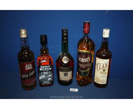 Four bottles of Whisky including Grants, Royal Garden, Smokey Mountain Bourbon, Clan Dew blended Irish and a bottle of Martel