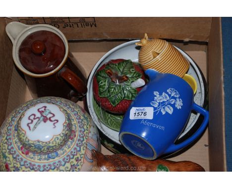 A quantity of china including large Melba ware Corgi dog, large Ginger jar, Denby brown coffee pot, strawberry jam pot, spoon