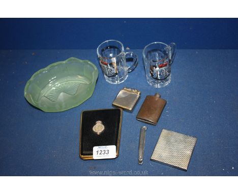 A Calibri monogas Lighter, cigarette case, small metal flask, small pocket mirror, small items of glass, etc.
