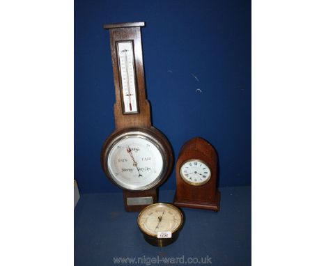 Two Barometers and an inlaid Edwardian lancet Mantel Clock