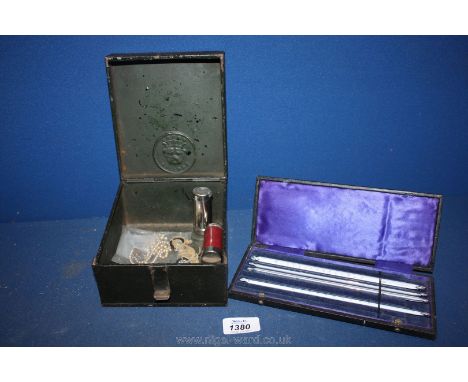 A Crown Bulldog Tin with miscellaneous items including coin holders, lighter, cased thermometers, etc.