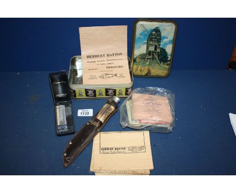 Miscellaneous Fishing items including packets from Herbert Hatton, Hereford, sheath knife and lighter