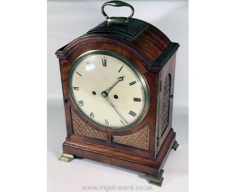 A fine 19th c. arched Mahogany cased Bracket Clock with white enamel face (8'' diameter) having Roman numerals, the double fu