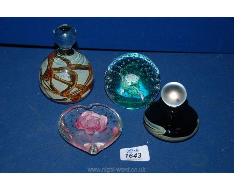 Four Paperweights including Caithness and a Molina perfume bottle with stopper