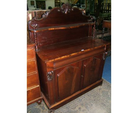 A 19th c. Mahogany Chiffonier with upstand back and carved detail, single shelf, barley twist supports, the base having friez