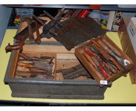 A carpenter's Tool Box of small proportions containing a good quantity of vintage tools including rebating plane and twelve s
