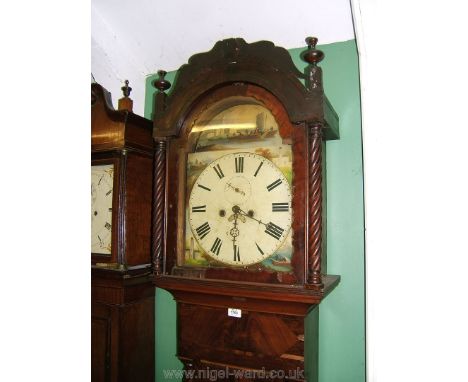 A Victorian flame Mahogany cased Longcase Clock with painted face, short door with twist column detail, standing on bracket f