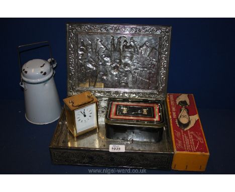 A quantity of miscellanea including shoe stretcher, enamel water pot, biscuit tin, cash box and battery carriage clock.