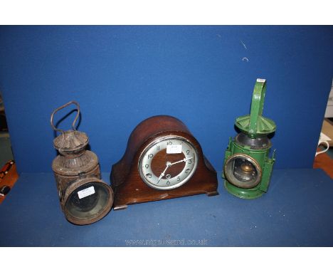 An Oak mantle Clock and two Railway Lamps