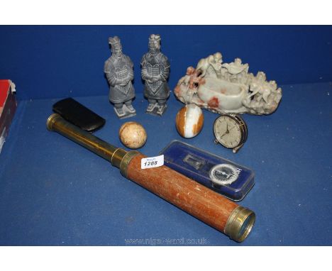 An old Telescope, soapstone Vase, marble eggs, Hoffritz pedometer, etc.