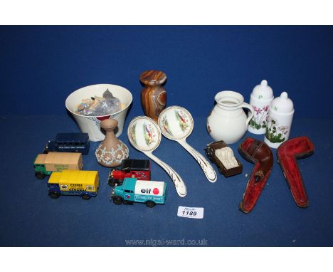 A box of miscellanea including Portmeirion cruet, whimsies, Corgi Vans, Goss, etc.