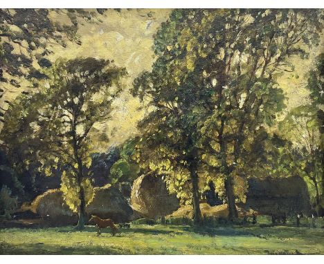 José Weiss (French 1859-1919): Haystacks with Horse in Wooded Landscape, oil on board indistinctly signed 35cm x 45cm