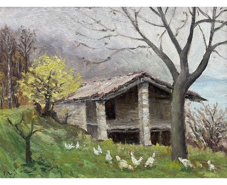 Eugene Fassy (Mid 20th century): Swiss Landscape with Chickens, oil on panel signed, inscribed signed and dated 1968 verso 26