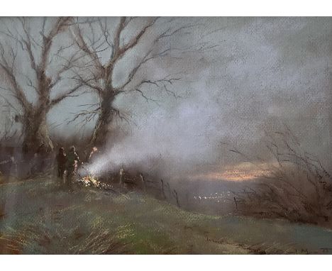 David Mynett (British 1942-2013): Bonfire at Dusk, pastel signed 23cm x 31cm