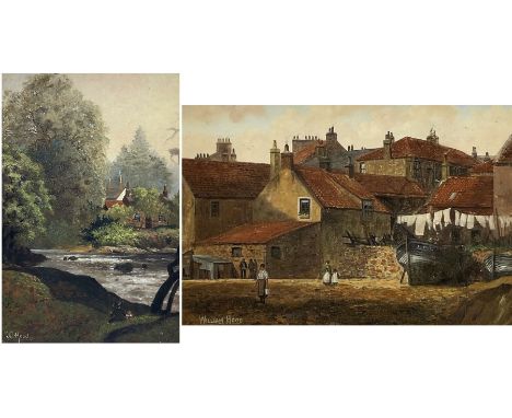 William Hood (British 20th Century): Fishing Village and River Landscape, two oils on canvas signed 29cm x 44cm, in heavy gil