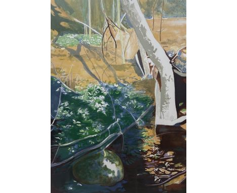 Håkan Thorsén (Swedish 1923-1982): Birches by a River, limited edition lithograph signed and numbered 83/310, 63cm x 44cm 