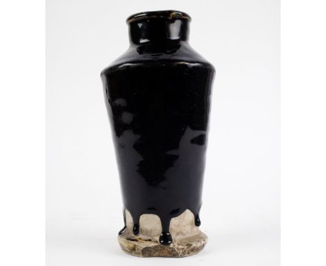 Chinese Cizhou stoneware vase conical shaped vase with ringed cylindrical neck, decorated with drip-glazed, thick black ename