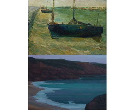 Raymond Van De Waele (1894-?) Fisherboat, oil on panel, signed. Seasight, oil on panel, signed. Vissersboot. Olieverf op pane