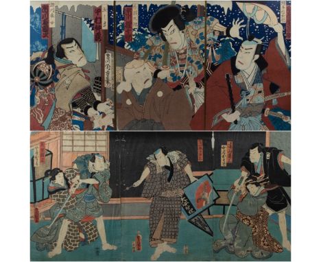 Toyohara Kunichika &amp; Utagawa Kunisada (XIX-XX) 2 Japanese woodblock print. 2 Japanse houtsneden. 35 x 68.5 and 35.5 x 73.