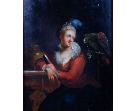 Lady with Parrot, 18thC Oil on panel, not signed. Dame met papegaai, 18e eeuw. Olieverf op paneel, niet gesigneerd. 24.5 x 20
