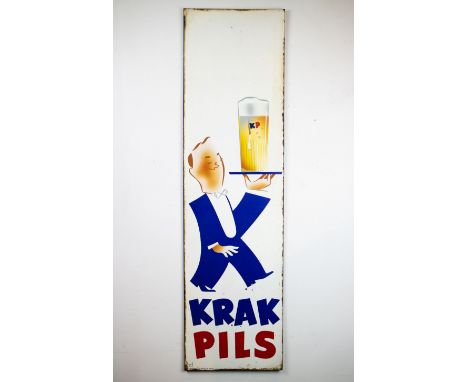 Enamel KRAK PILS 1950 Emaille bord KRAK Pils 1950. 138 x 38 cm Provenance: café 't Gebed Zonder Eind Gent