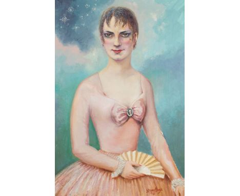 Oscar Hoge (1884-1965) Woman with fan. Portrait. Oil on canvas, signed. Dame met waaier. Portret. Olieverf op doek, gesigneer