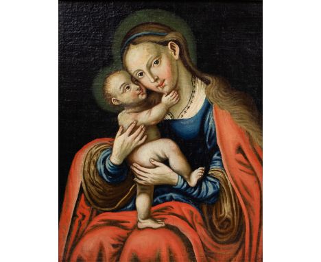 Madonna with child Marouflaged on panel. Mark on the panel. Madonna met kind Gemaroufleerd op paneel. Merkteken op het paneel