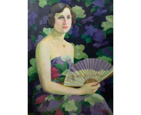Raymond Van De Waele (1894-?) Portrait of a Lady with fan. Oil on canvas, signed. Portret van een dame met waaier. Olieverf o