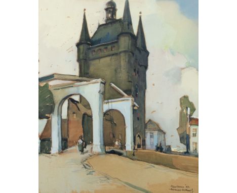 Herman Verbaere (1906-1993) City gate of Zierikzee. Watercolor painting, signed and dated '42. Stadspoort van Zierikzee. Aqua