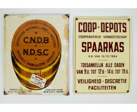 Metal COOP-DEPOTS SPAARKAS and enamel C.N.D.B. Nationale drankslijterij Metalen bord COOP-DEPOTS SPAARKAS en emaille bord C.N