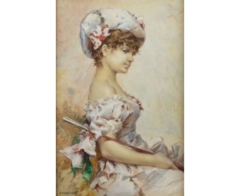 Frederick Hendrik Kaemmerer 1839-1902) Portrait of a Lady with hat. Water color painting, signed. Portret van een dame met ho