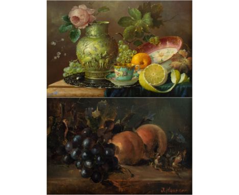 J. Hovenir en Vic Moens 2 still lifes. Oil on panel (2), signed. 2 stillevens. Olieverf op paneel (2), gesigneerd. 30 x 40 an