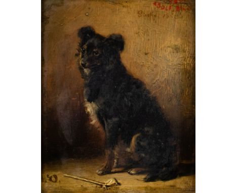 Adolphe Dillens (1821-1877) Portrait of a dog. Oil on panel, signed and dated 1850. Portret van een hond. Olieverf op paneel,
