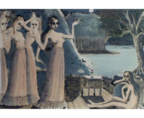 Paul Delvaux (1897-1994) Lithograph 'Le bout du monde'. numbered 41/75. Signed in pencil. Lithografie 'Le bout du monde'. gen