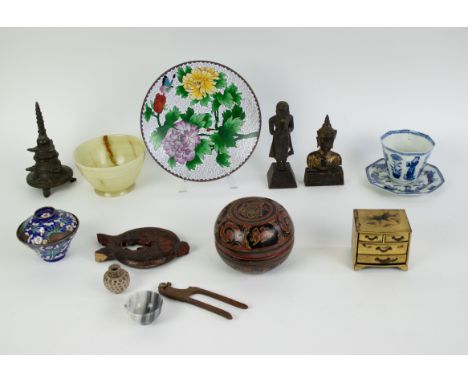 A collection of Chinese/Japanese/South-east Asian items Cloisonné, Canton enamel, 2 19thC buddha's, lucky charm Chinese fishe