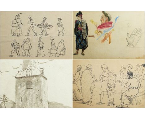 Edmond VAN OFFEL (1871-1959) Watercolor (2), lithograph (2), signed. Een lot met 2 aquarellen, litho's (2), gesigneerd. 24 x 