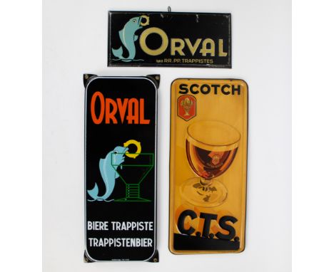 Metal Orval 1954, Scotch C.T.S. 1949 and Enamel ORVAL trappistenbier Metalen bord Orval 1954, Scotch C.T.S. 1949 en Emaille b