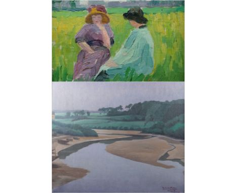 Raymond Van De Waele (1894-?) 2 ladies in the grass, oil on panel, signed. River landscape, oil on canvas, signed. 2 dames in