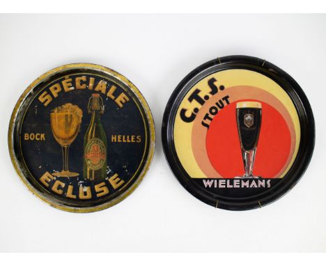 Enamel CTS Stout Wielemans and Metal Spéciale ECLUSE (Bock hellens) 2 serving trays. Emaille dienblad CTS stout Wielemans en 