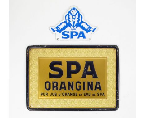 Enamel SPA and metal SPA Orangina Emaille bord SPA en metalen bord Orangina. 24.5 x 35.5 and 13 x 18 cm Provenance: café 't G