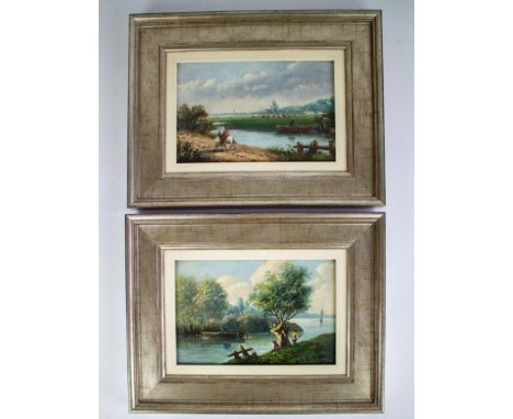 European school 19th C. Oil on panel 'Landscape with river'. Lot with 2 pendants 19thC Signed. Landschap met rivier. Lot met 