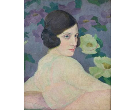 Raymond Van De Waele (1894-?) Portrait of a Lady with flowers. Oil on canvas, not signed. Portret van een dame met bloemen. O