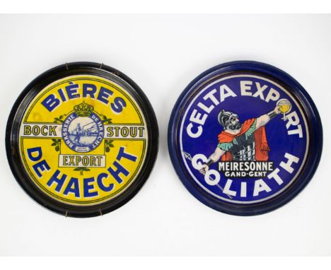 Enamel Celta Export Goliath en Bières de Haecht Stout 58 2 serving trays. 2 Emaille dienbladen Celta Export Goliatch en Bière