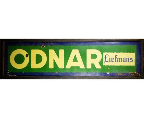 Enamel in wooden frame ODNAR Liefmans 1938 Emaille bord in een houten frame Odnar Liefmans 1938. 66 x 230 cm Provenance: café