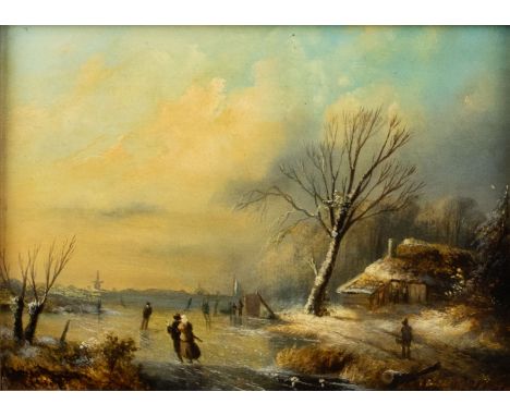 Hermanus II Koekkoek (1836-1909) Winter landscape with ice skaters. Oil on panel, signed. Winterlandschap met schaatsers. Oli