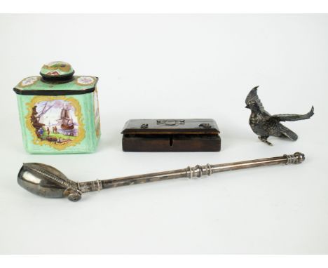 A collection of miscellaneous 18/19thC items English enamel teapot 19th C., a silver pipe holder Holland 19th C. a silver bir