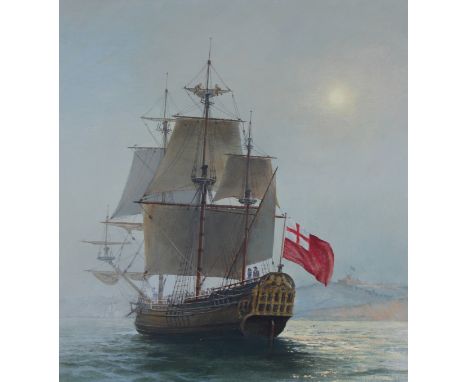 Charles J Lundgren (New York, Connecticut, 1911 - 1988) "Sailing Ship" Signed lower right. Original Oil painting on Masonite.